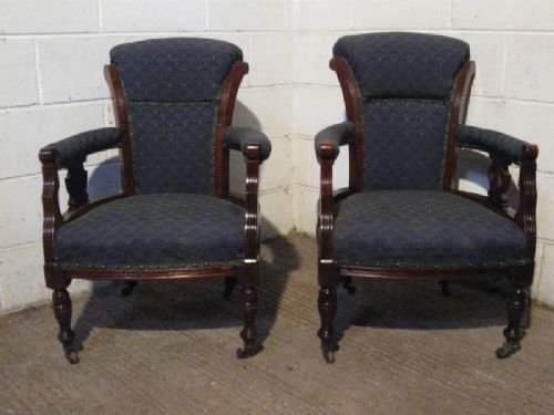 lovely pair antique victorian mahogany salon library armchairs c1890