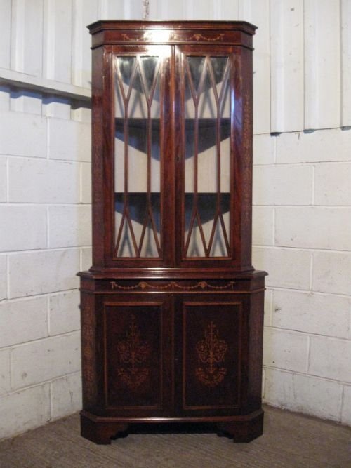 antique edwardian inlaid mahogany full height corner bookcase display cabinet c1900 wdb1802910