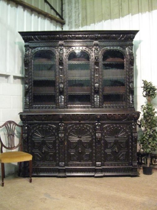 superb large antique victorian carved oak library bookcase display cabinet c1860 wdb100312
