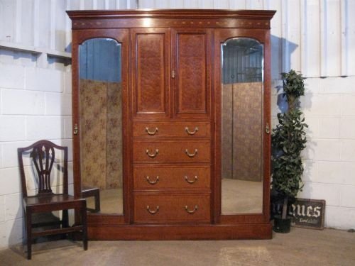 Antique Edwardian Inlaid Mahogany Triple Wardrobe Compactum C1900