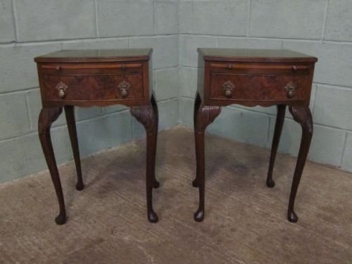 antique pair edwardian bow front burr walnut bedside tables cabinets with book slides c1910 625272