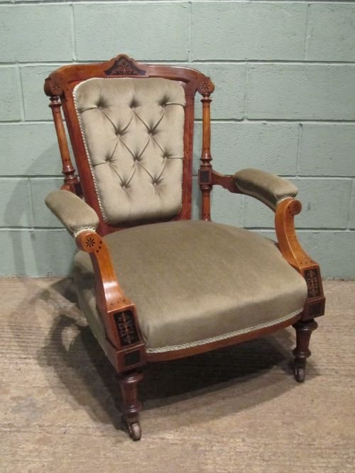 antique victorian walnut inlaid salon library armchair w6385264