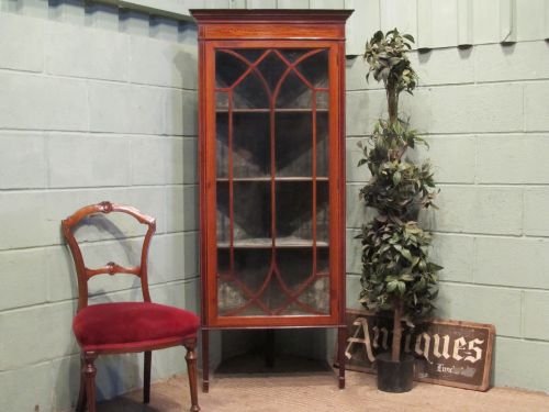 antique edwardian inlaid mahogany floor standing glazed corner cabinet c1900 w6494276