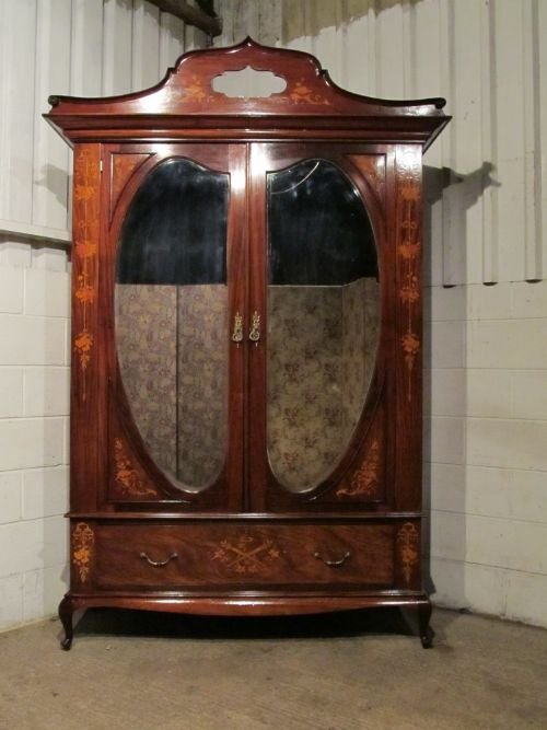 antique victorian art nouveau mahogany inlaid double wardrobe armoire c1890