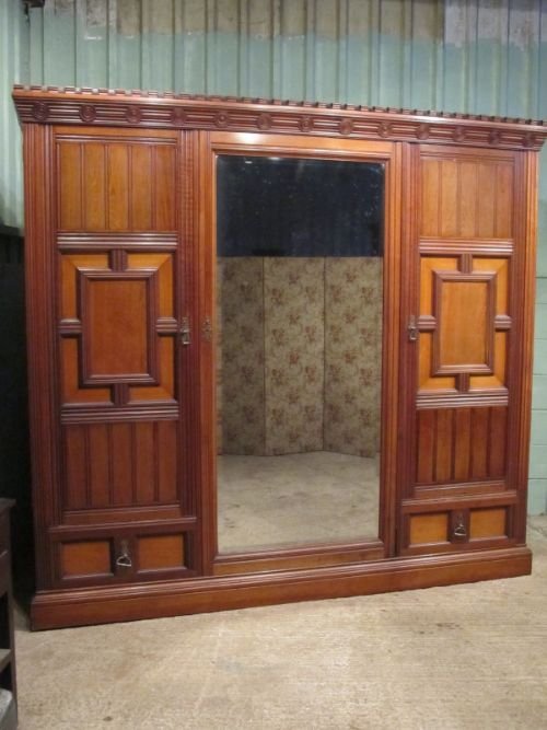 antique large victorian arts crafts castleated walnut triple wardrobe compactum c1890 w677362