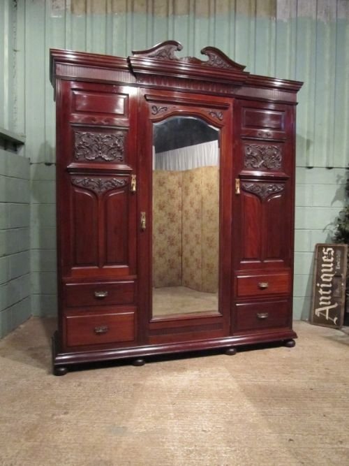 antique victorian art nouveau mahogany triple wardrobe c1890 w6810202