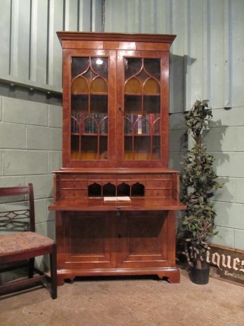 antique burr walnut glazed bookcase secretaire w702497
