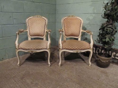 superb pair antique french fauteuil open armchairs in original crackle paint c1920