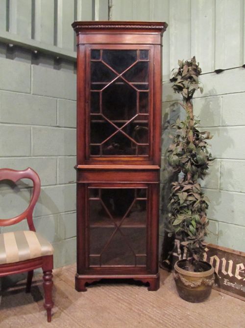 antique edwardian mahogany tall narrow astragal glazed corner cabinet c1900