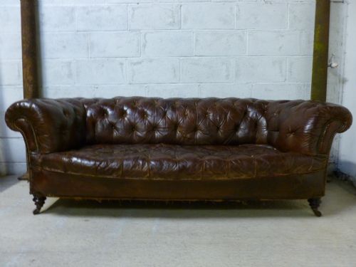 original antique victorian chesnut brown leather chesterfield button back 3 seater sofa c1865