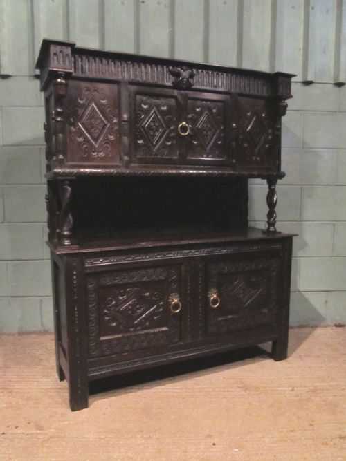 antique early 18th century small dark country oak court cupboard c1730