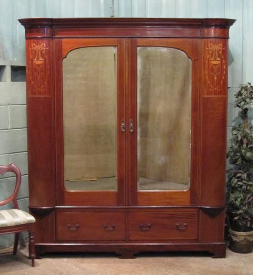 antique large edwardian inlaid mahogany double wardrobe with secret compartments c1900