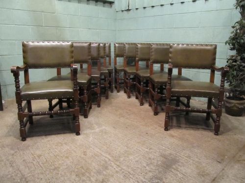 superb set 10 matching oak and leather jacobean style dining chairs c1920