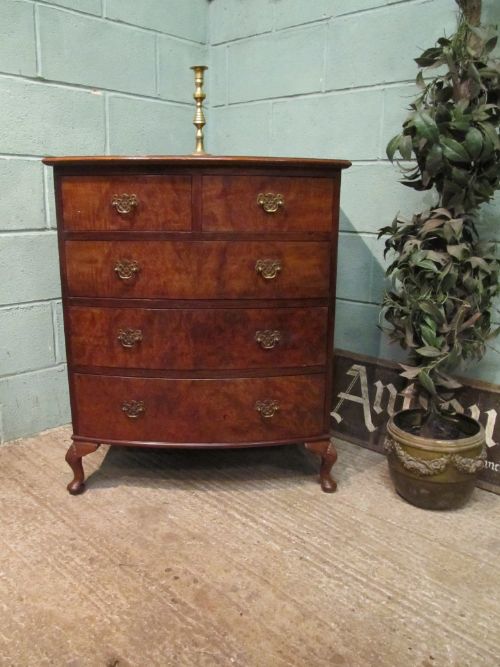 antique edwardian small burr walnut bow front chest of drawers c1900