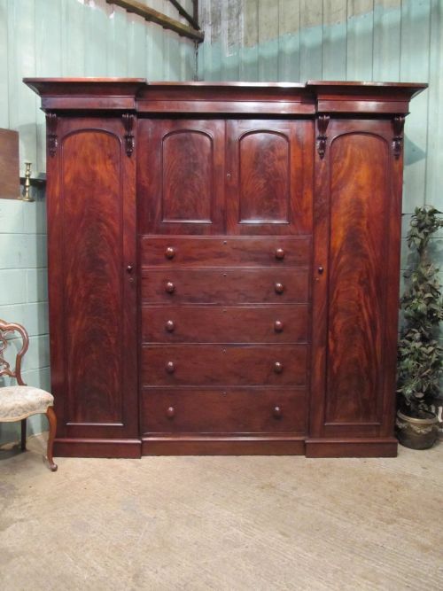 antique victorian flamed mahogany breakfront triple wardrobe compactum c1860