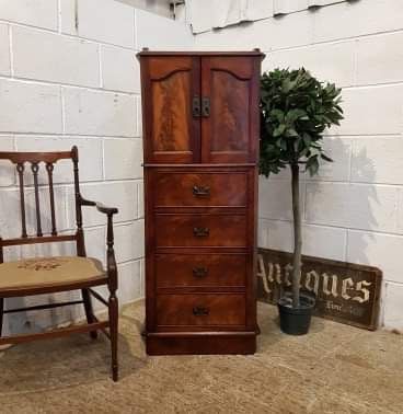 antique victorian flamed mahogany tall narrow cabinet c1880