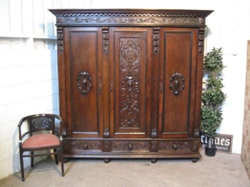 antique victorian gothic oak triple wardrobe armoire c1880