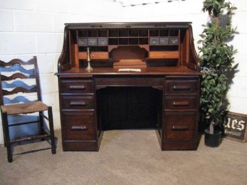 superb antique edwardian solid oak tambor roll top kneehole desk c1900 wdb290257
