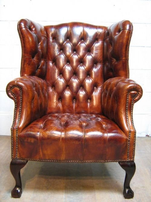 superb georgian style tan leather hide full button down chesterfield wing chair