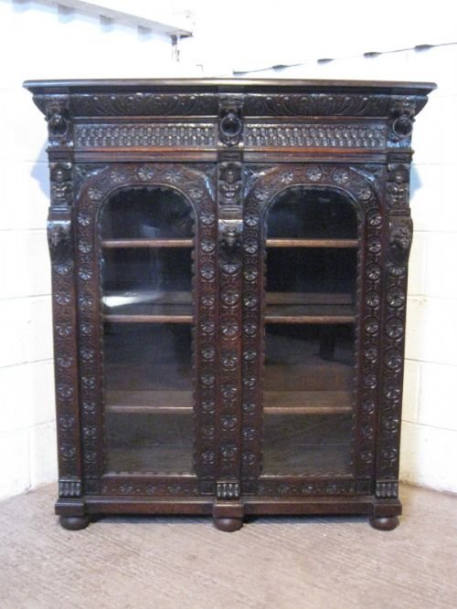 stunning antique victorian gothic carved oak bookcase cabinet c1880