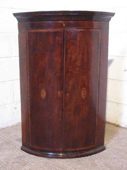 antique georgian inlaid mahogany barrel front corner cabinet c1780