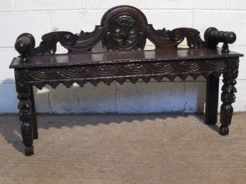 antique victorian gothic carved oak hall bench c1880