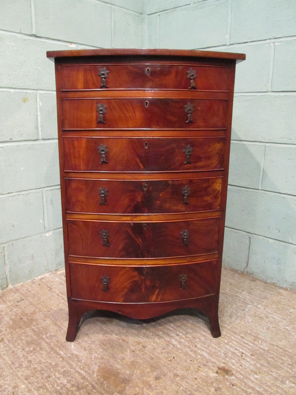 antique edwardian flamed mahogany narrow bow front chest of drawers c1900