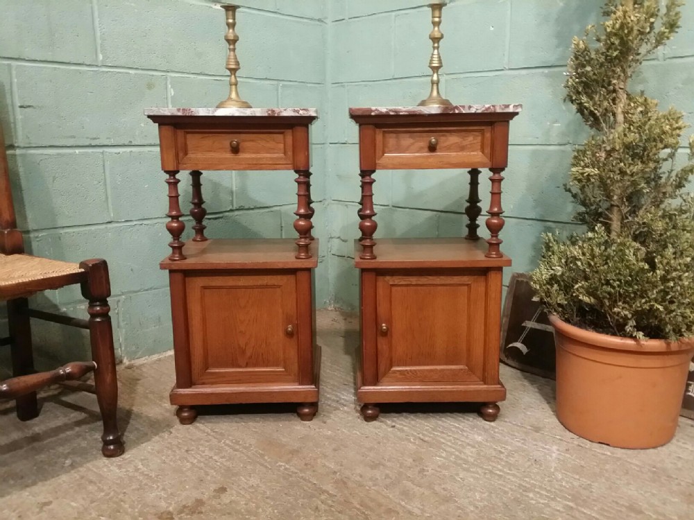 antique pair french oak marble topped bedside cabinets c1880