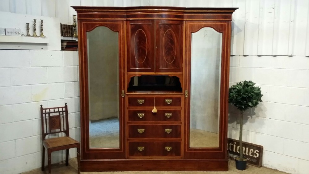 antique late victorian inlaid mahogany triple wardrobe compactum c1890