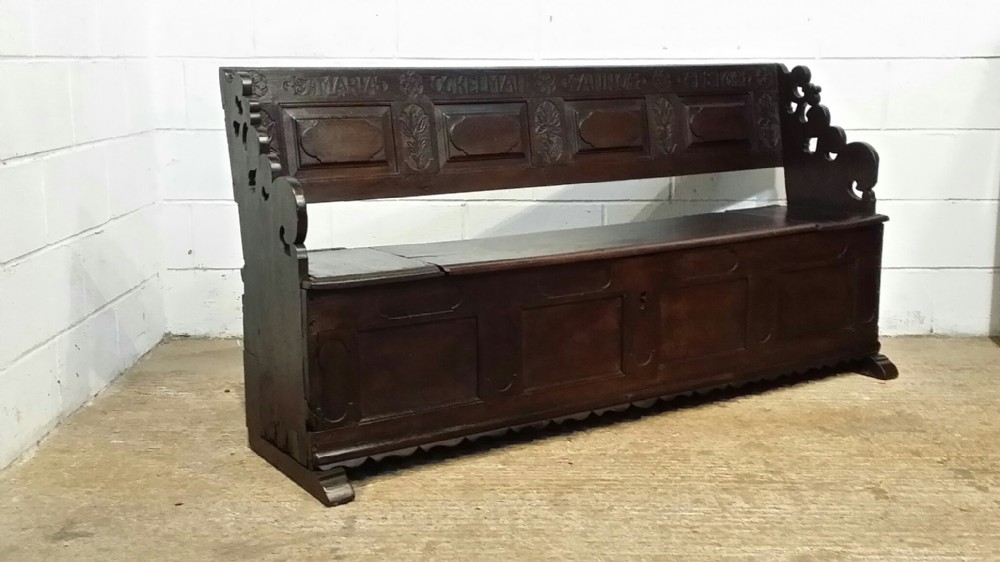 antique early 19th century joined oak box settle bench c1816named ' maria ockelman anno 1816'