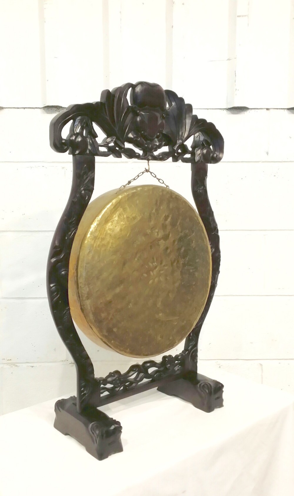 antique carved rosewood brass dinner gong c1900