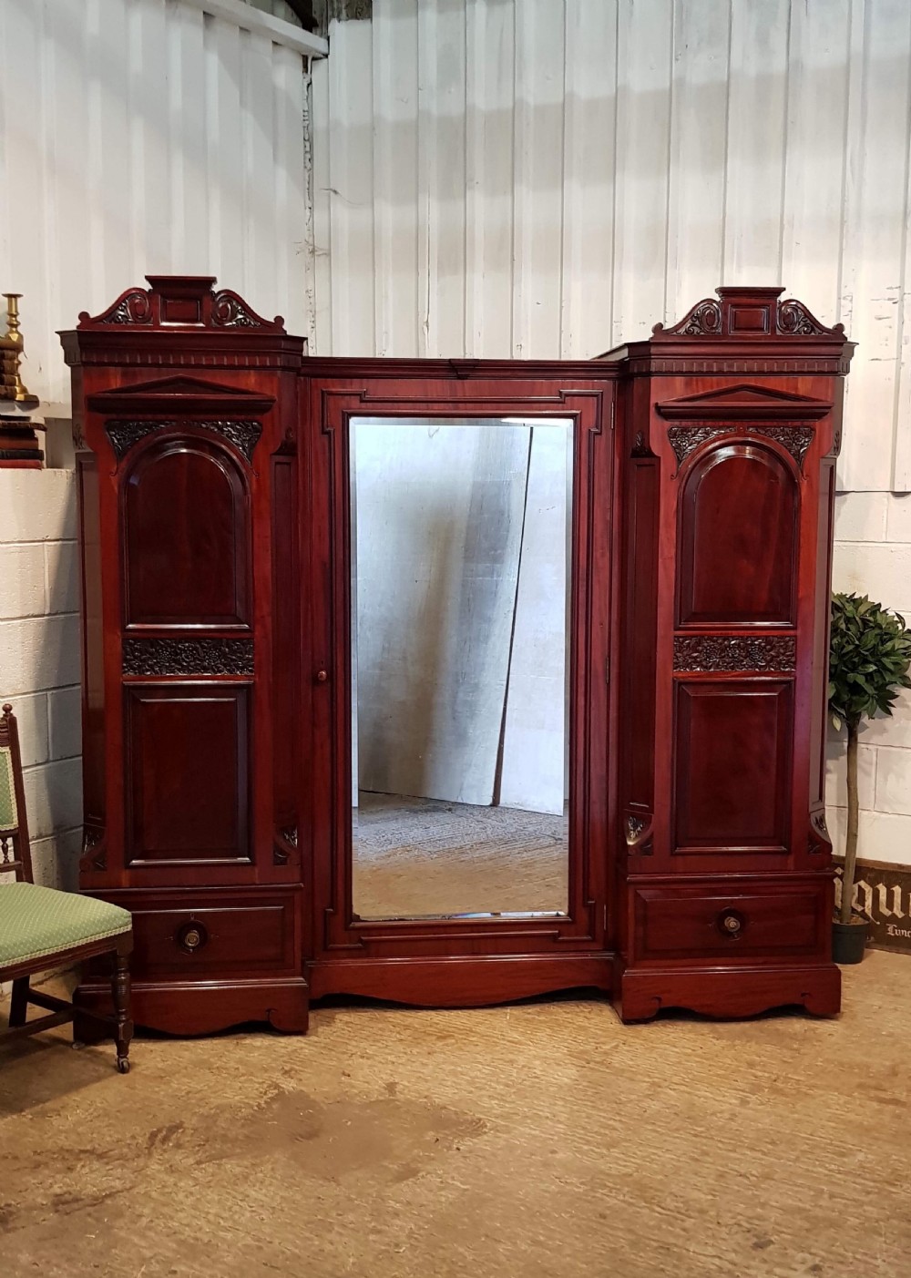 antique late victorian mahogany breakfront triple wardrobe c1890