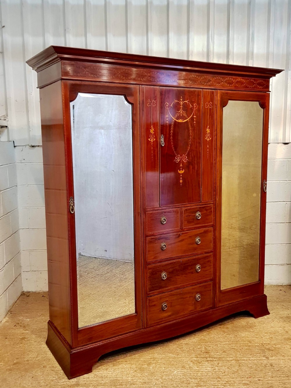 antique edwardian inlaid mahogany triple wardrobe compactum by maple co c1900