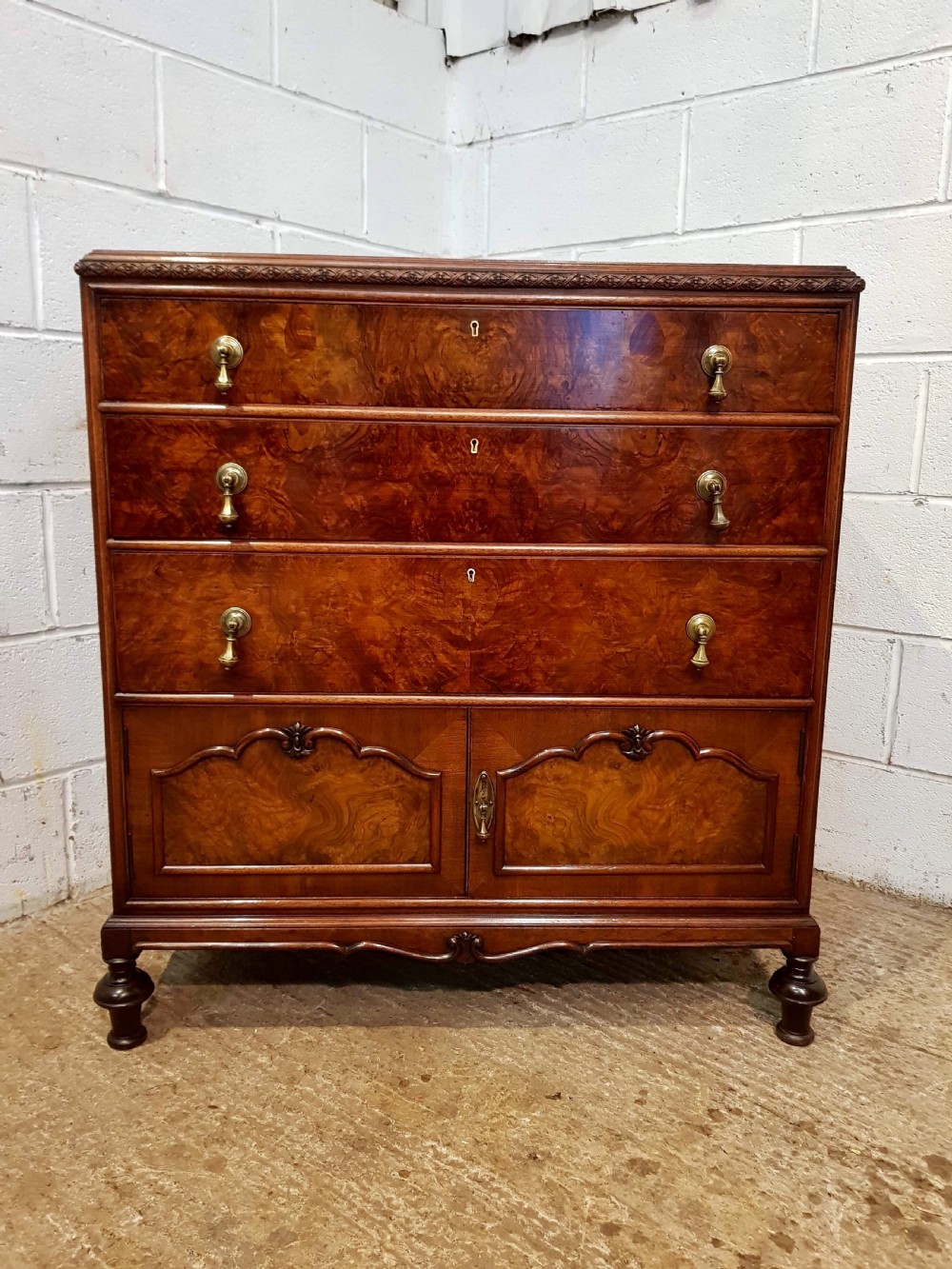 antique burr walnut queen anne tallboy chest of drawers c1920