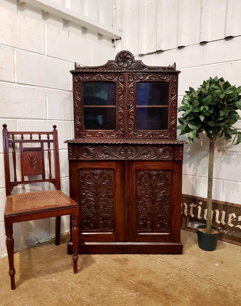 antique victorian small carved gothic oak bookcase on cupboard c1880
