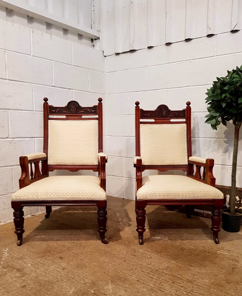 antique pair of late victorian walnut ladies gents armchairs c1890