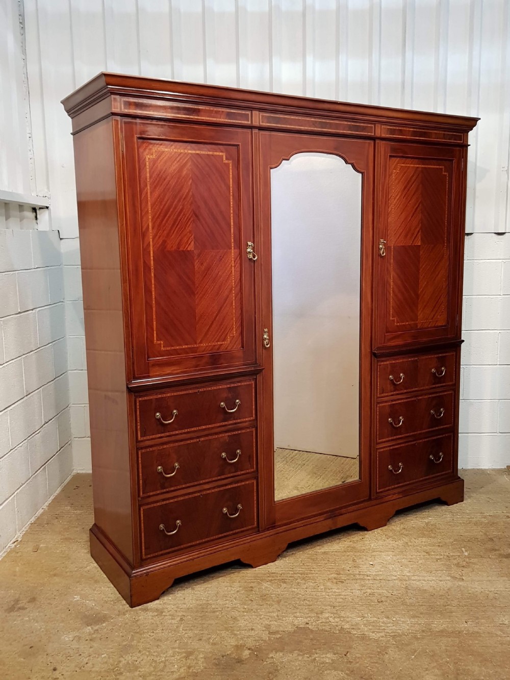 antique late victorian mahogany inlaid triple wardrobe compactum by jas schoolbred c1890