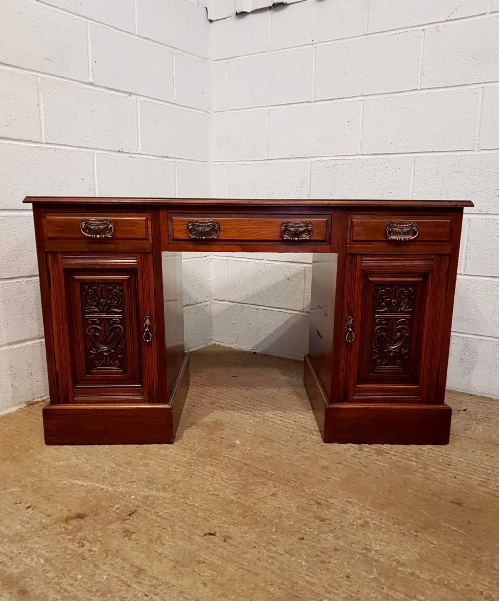 antique edwardian walnut twin pedestal leather top desk c1900
