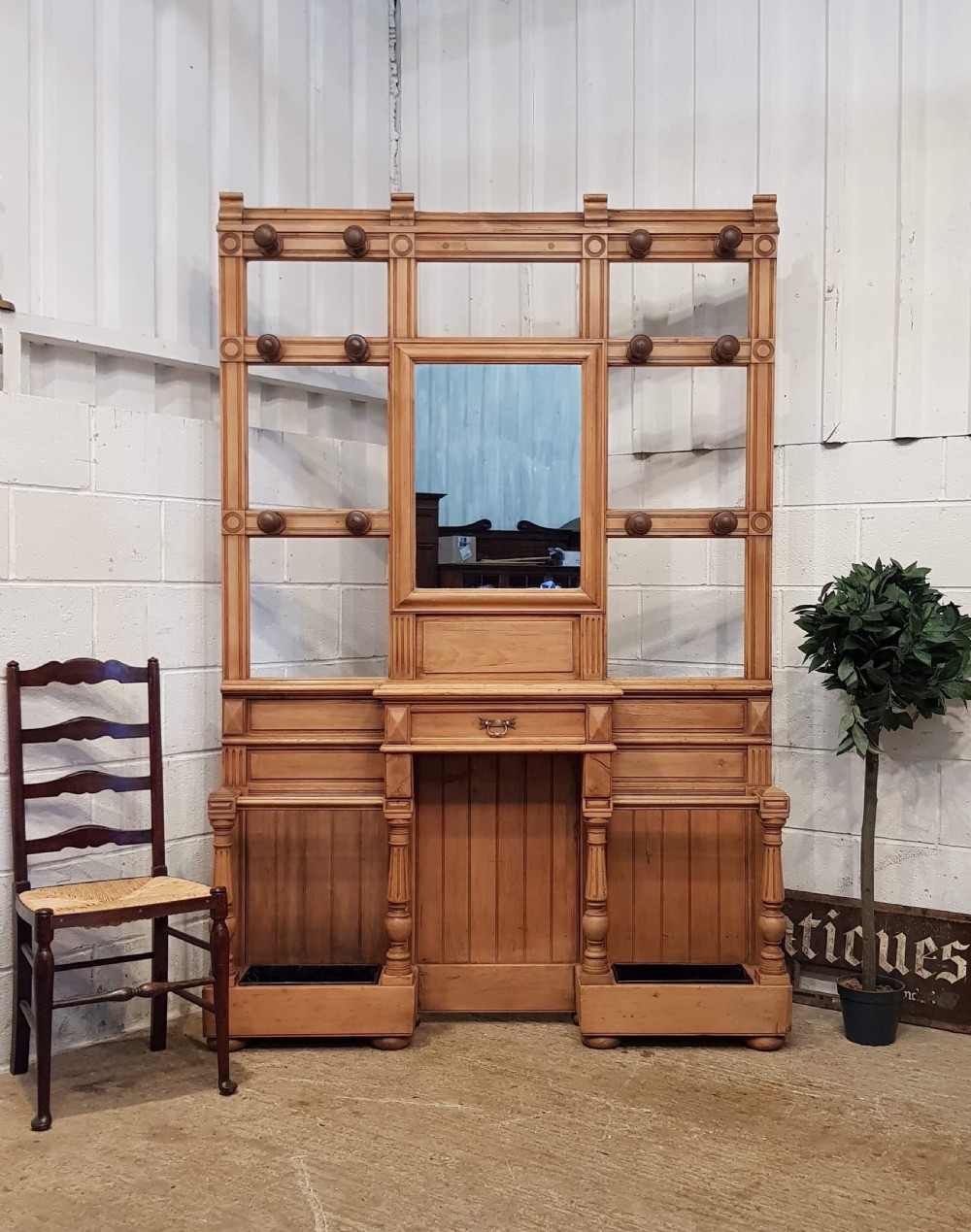 excellent large victorian pine and walnut hallstand c1880