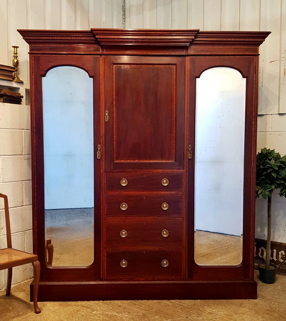 antique edwardian inlaid mahogany triple wardrobe compactum c1900
