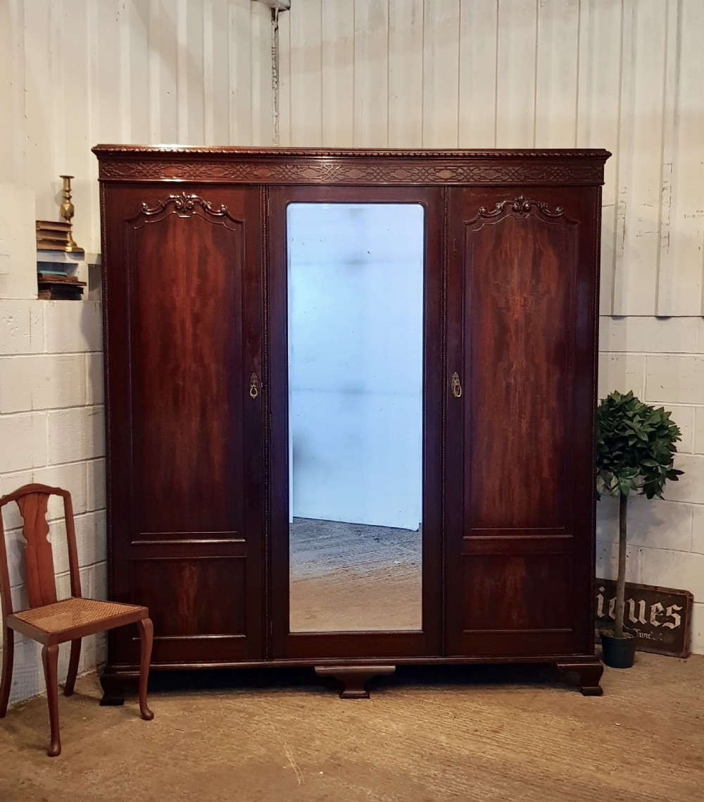 antique edwardian chippendale mahogany triple wardrobe by waring gillows c1900