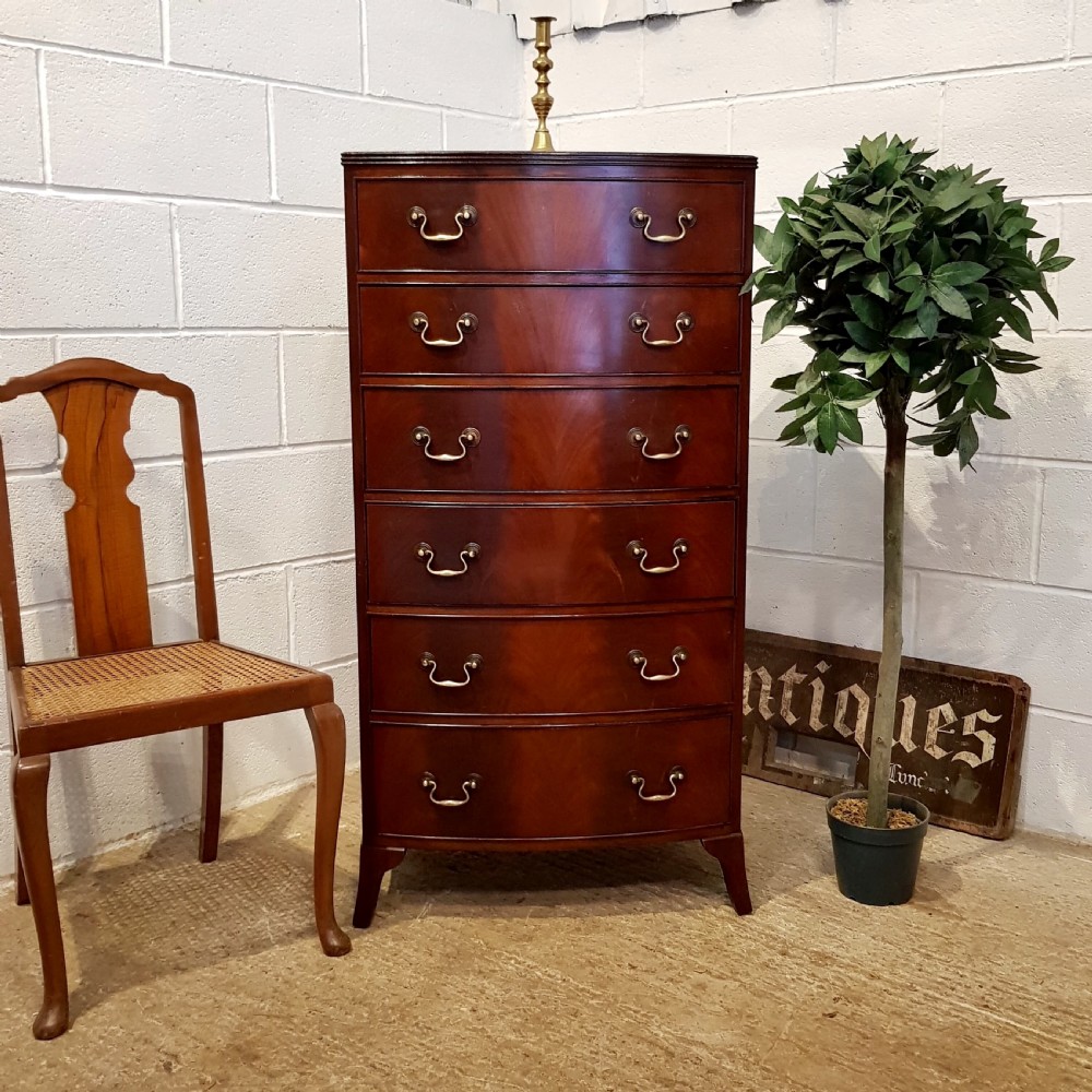 antique tall narrow mahogany bow front chest of drawers c1920