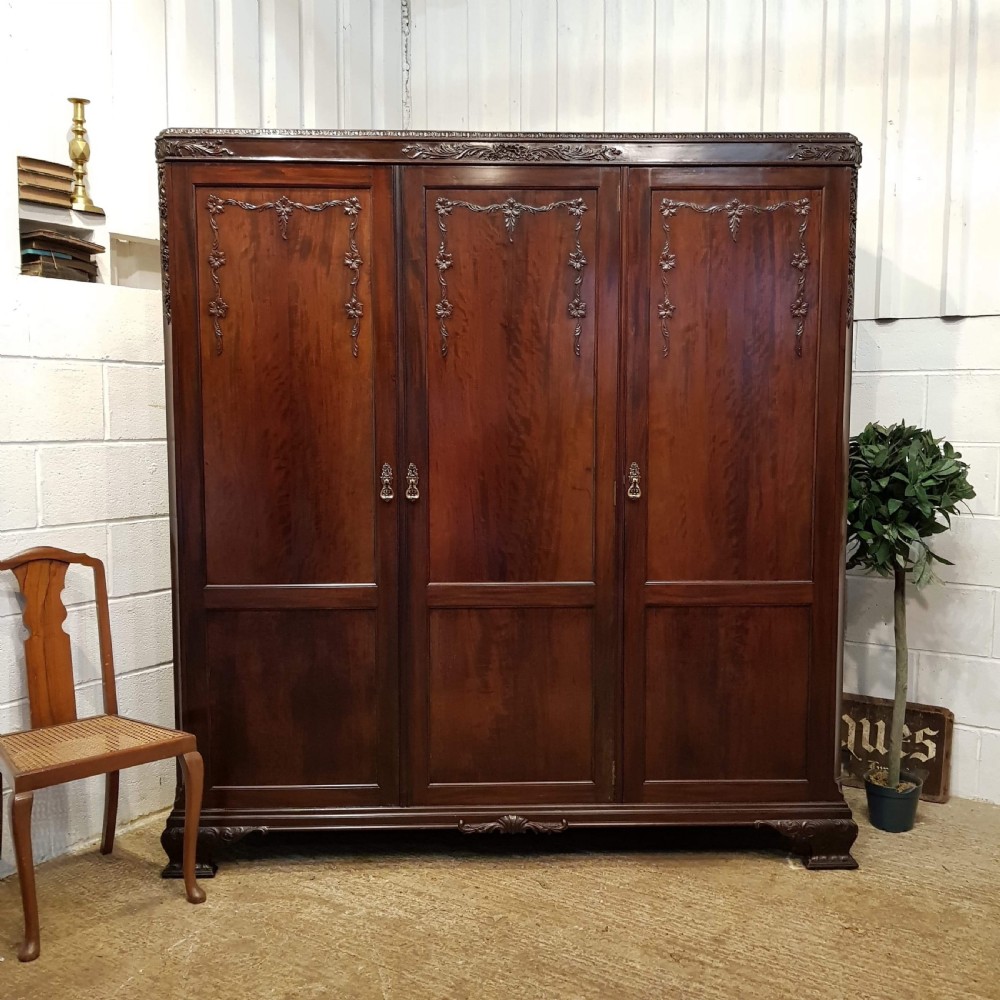 antique edwardian chippendale mahogany triple wardrobe by heals son c1900