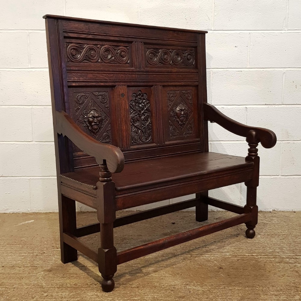 antique late 18th century small carved oak settle c1790