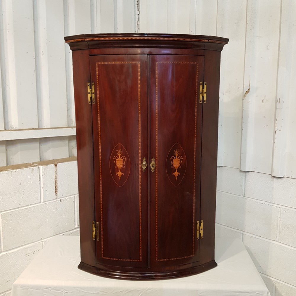 antique regency inlaid mahogany bow front corner cabinet c1820