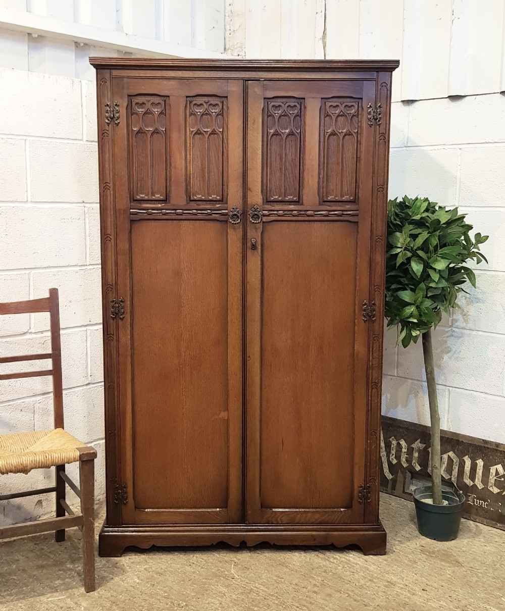 antique carved oak tallboy wardrobe c1920