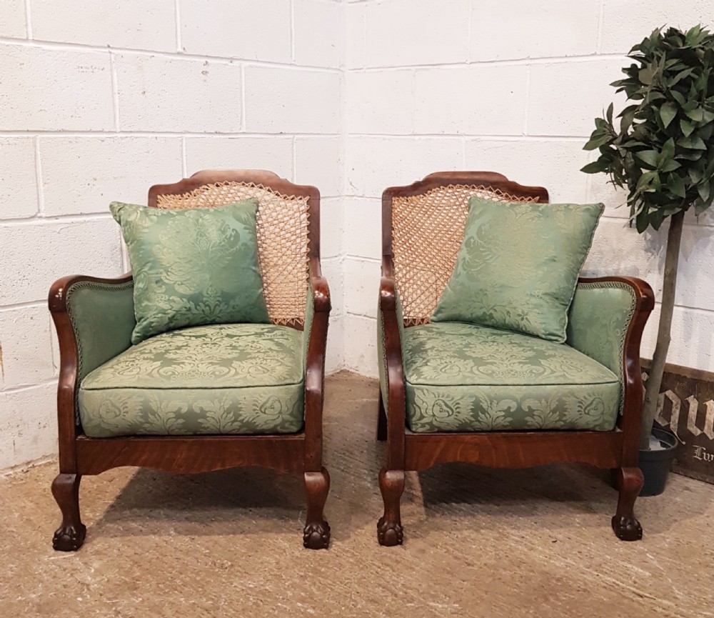 antique pair split cane berger mahogany framed armchairs c1910