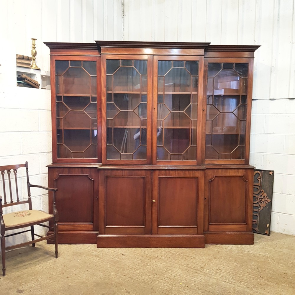 antique large edwardian mahogany astragal glazed breakfront bookcase c1900