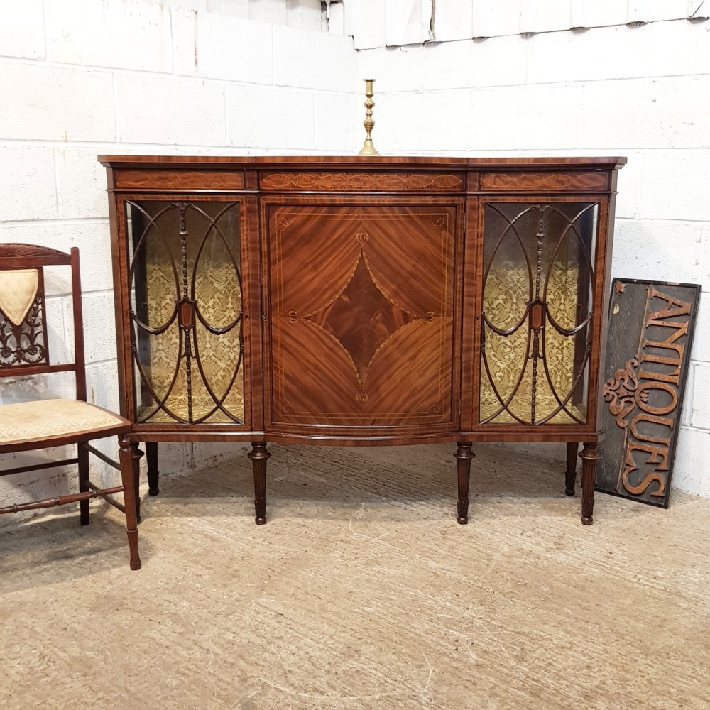 antique edwardian mahogany inlaid bow front display cabinet c1900