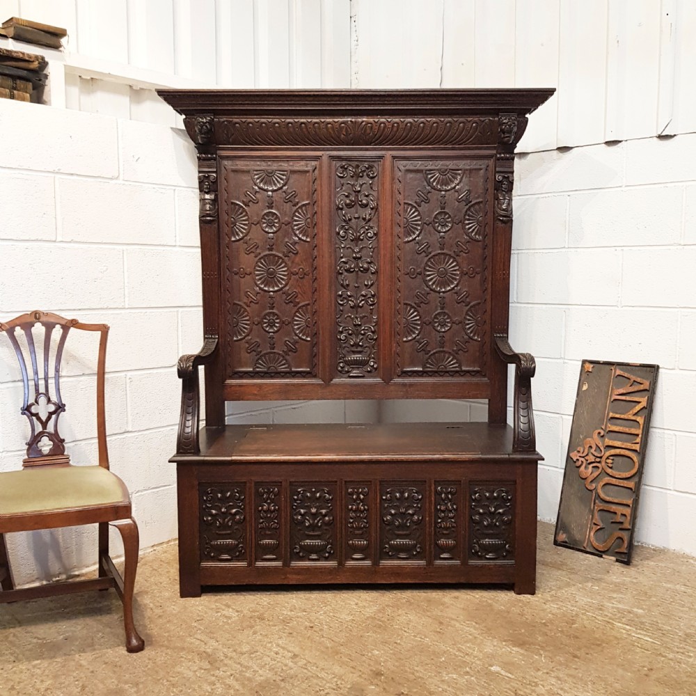 antique victorian carved oak high backed box settle c1880